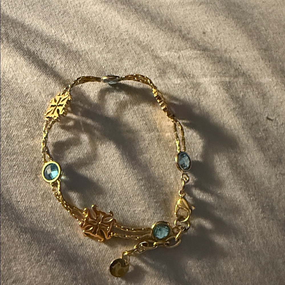 Rustic Cuff Gold Bracelet with Blue Accents